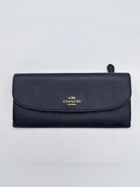 Coach Navy Saffiano Continental Wallet with Gold Logo NWT W/ Defect